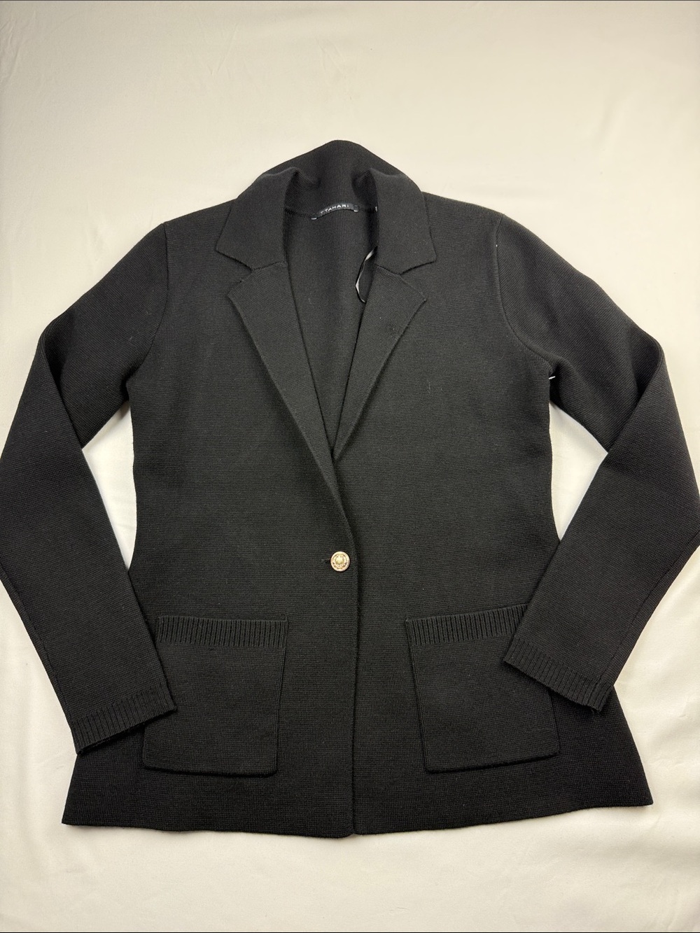 T Tahari Women's Black Knit Sweater Blazer Single Gold Button Closure Size S